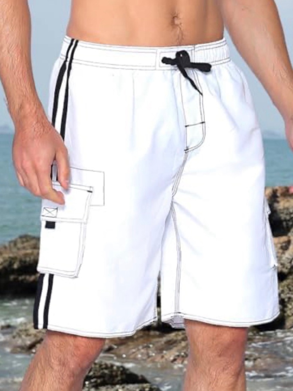 Men's White Board Shorts with Black Trim